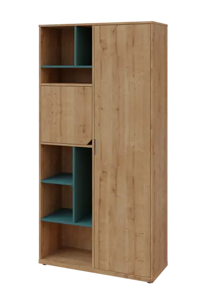 KSR6-83 P skříň šatní, 1x výsuvné ramínko, dvířka, niky, 2053x1022x400 mm, provedení pravé, korpus a dvířka dub lite/police světle petrolejová